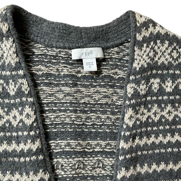 J.JILL Long Fair Isle Bounce Cardigan Singe Button Charcoal Heather Oatmeal Med - Picture 12 of 13